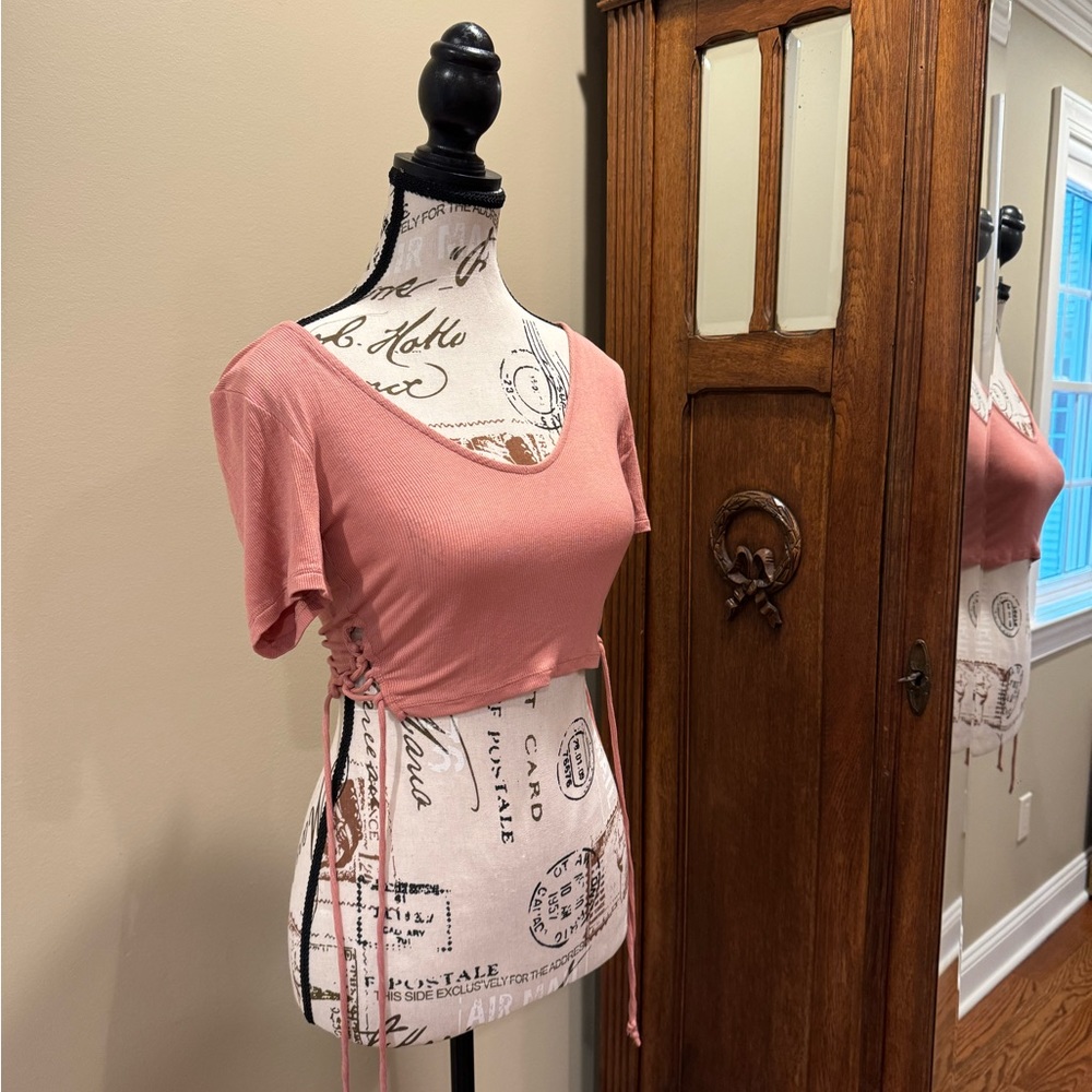 Express OneEleven Pink Drawstring Tie Crop Top